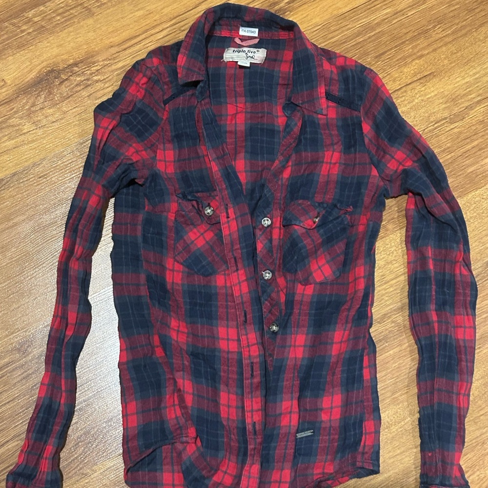 Triple Five Soul Red and Black Plaid Shirt